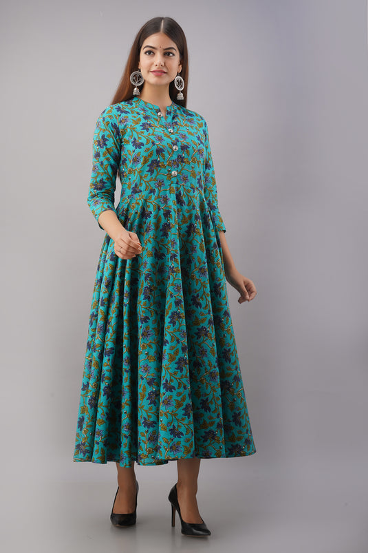 Pure Cotton Printed A-Line Traditional Beautiful DRY CREEK TURQUOISE Kurta for Girls & Women