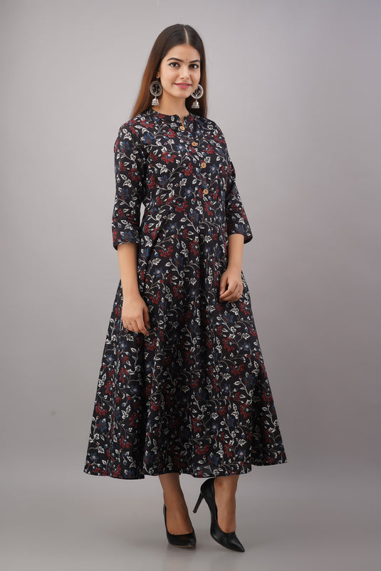 Pure Cotton Printed A-Line Traditional Beautiful NATURE BLACK Kurta for Girls & Women