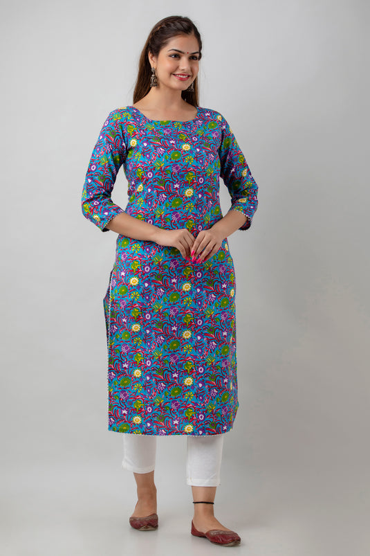 Women's Pure Cotton Calf Length Traditional Floral Printed Staright Kurta