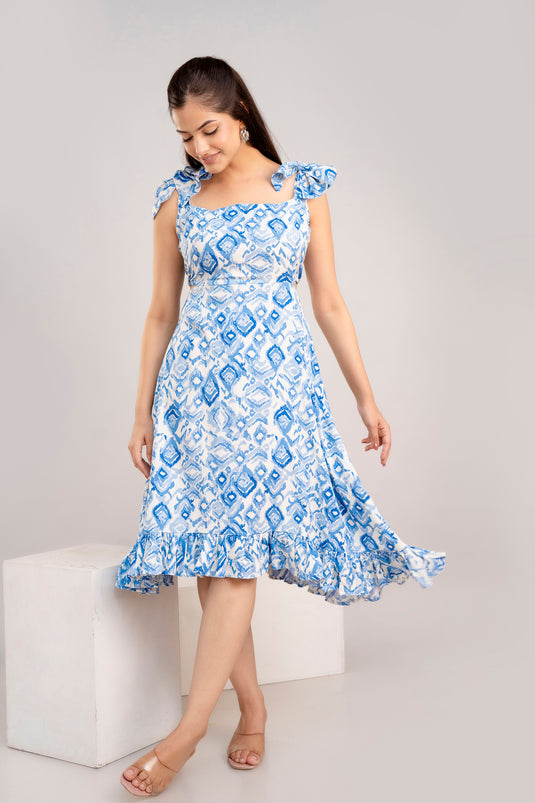 Women's Floral Print Gorgeous Shoulder Strap AZURE BLUE Pretty Travel Wear Dress