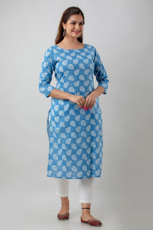 Women's Pure Cotton Calf Length Traditional Floral Printed Staright Kurta