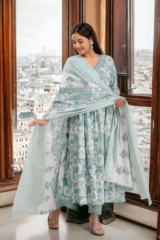 Floral Print Empire Thread Work Pure Cotton SEAFOAM GREEN Alia Cut Flared Kurta with Trousers & Dupatta