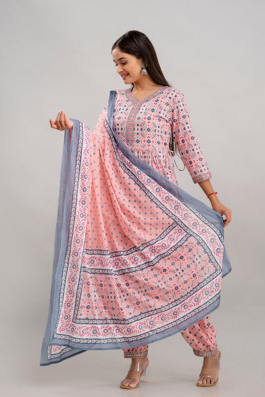 Women's Printed Pure Cotton Traditional Pure Silk Coding Mirror Embroidery Work Aliya Cut Kurta With Trousers and Dupatta