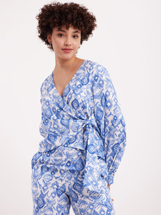 Sky Blue Geometric Printed V-Neck Wrap Top with Flared Palazzo Co-Ords