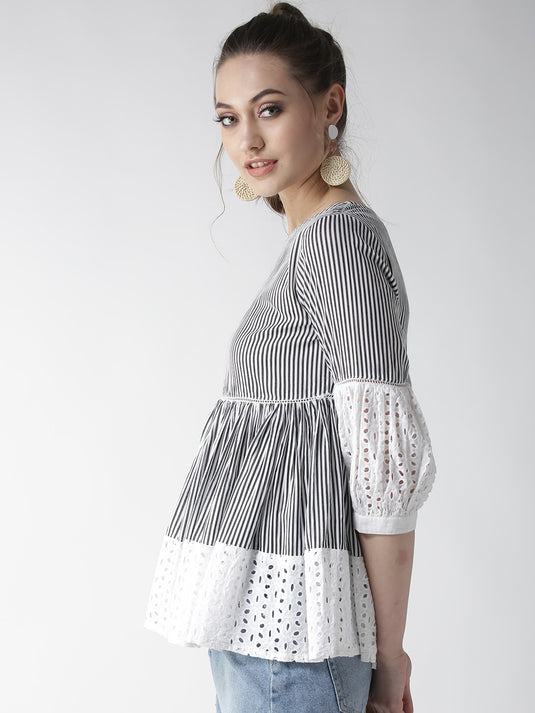 Black and White Striped A-Line Top with Beautiful Border and Designer Shifli for Women