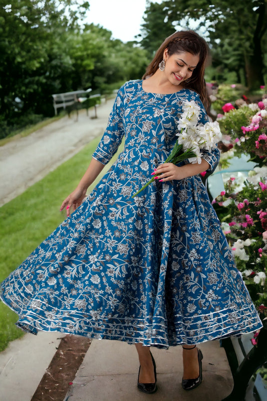 Pure Cotton Floral Print Flared Traditional DODGER BLUE Pretty Lace Work Kurta for Girls & Women