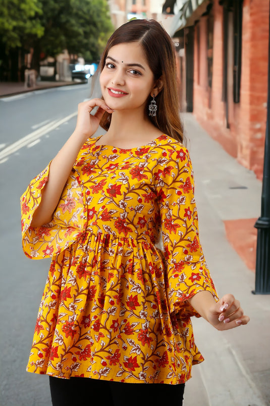 Women's Pretty Bell Sleeves Floral Print Hip Length BUTTERSCOTCH YELLOW Party Wear Top