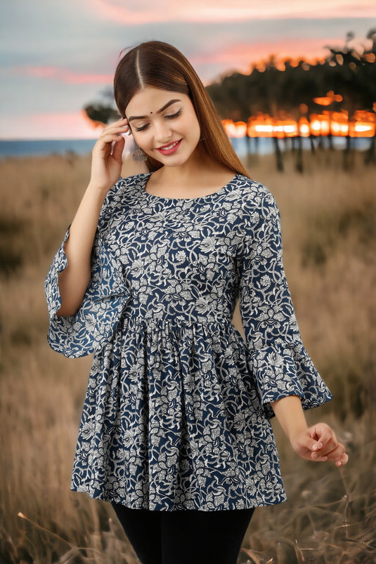 Women's Beautiful Bell Sleeves Floral Print Formal Hip Length STEEL BLUE Top