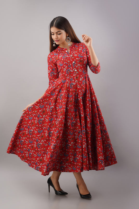 Pure Cotton Printed A-Line Traditional  Beautiful IMPERIAL RED Kurta for Girls & Women