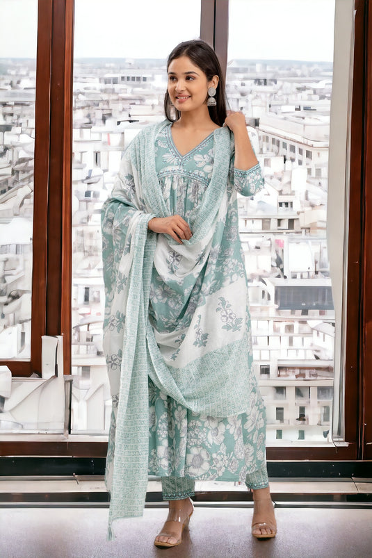 Floral Print Empire Thread Work Pure Cotton SEAFOAM GREEN Alia Cut Flared Kurta with Trousers & Dupatta