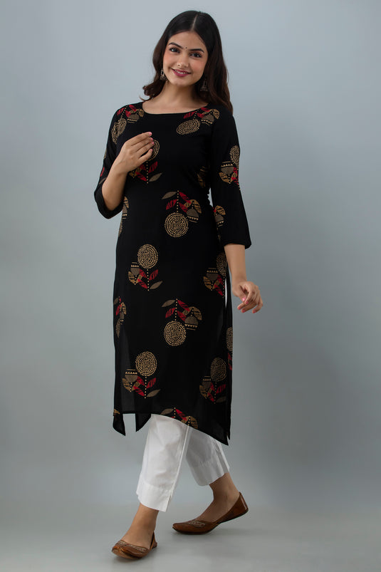 Women's Rayon Calf Length Traditional Floral Printed Staright Kurta