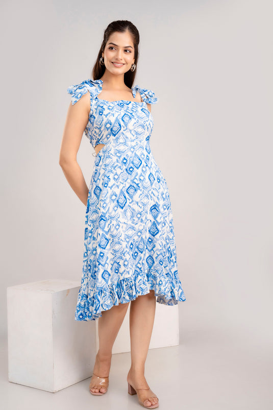 Women's Floral Print Gorgeous Shoulder Strap AZURE BLUE Pretty Travel Wear Dress