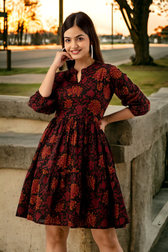 Women's Floral Print Pure Cotton Tiered Fit and Flare JAM & GARNET MAROON Pretty Mini Knee Length Dress