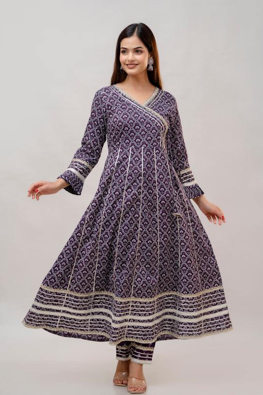 Pure Cotton Lace Insert V Neck EGGPLANT PURPLE Traditional Angrakha Kurta for Women with Regular Pant and Dupatta