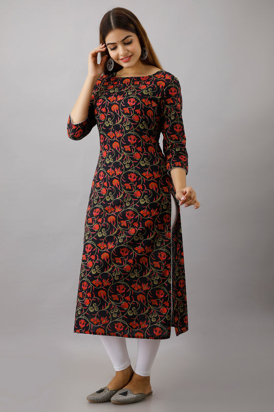 Women's Pure Cotton Traditional  Calf Length Floral Printed Staright Kurta