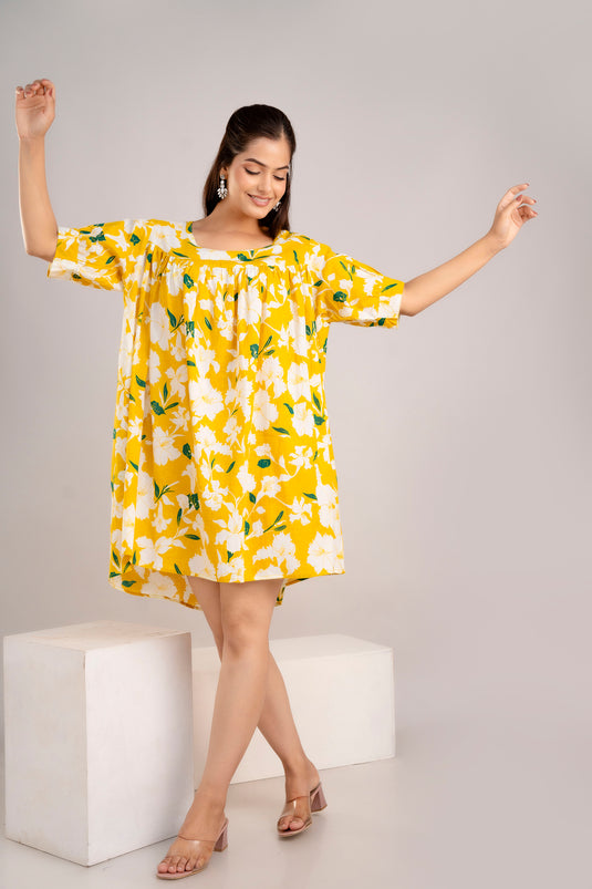 Women's Floral Print Pure Cotton BUTTER YELLOW & PINE GREEN Night Wear Mini Dress