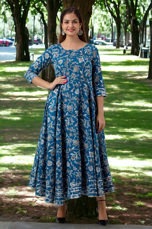 Pure Cotton Floral Print Flared Traditional DODGER BLUE Pretty Lace Work Kurta for Girls & Women