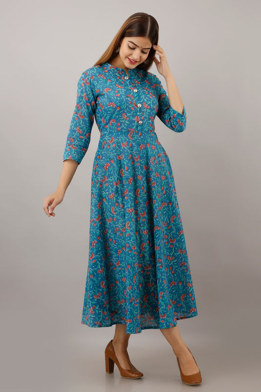 Pure Cotton Flower Print Ankle Length Flared Traditional SERULEAN BLUE Pretty Kurta for Girls & Women