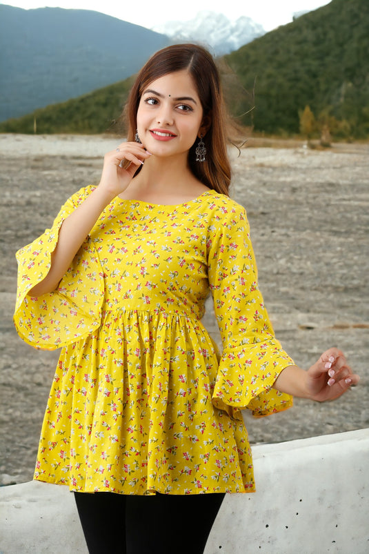 Women's Pretty Bell Sleeves Floral Print Formal Hip Length LEMON YELLOW Top