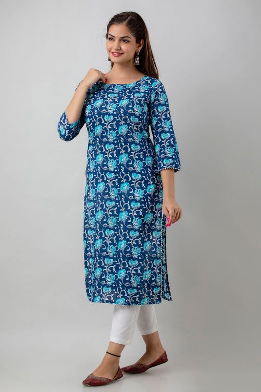 Women's Pure Cotton Calf Length Traditional Floral Printed Staright Kurta