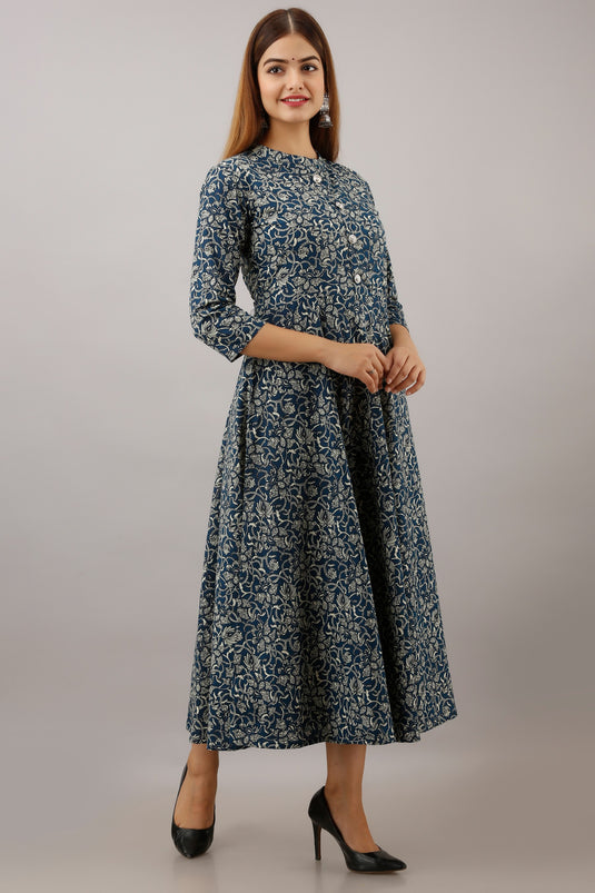 Women's Printed Pure Cotton Fit & Flared Traditional STEEL BLUE Beautiful Dress