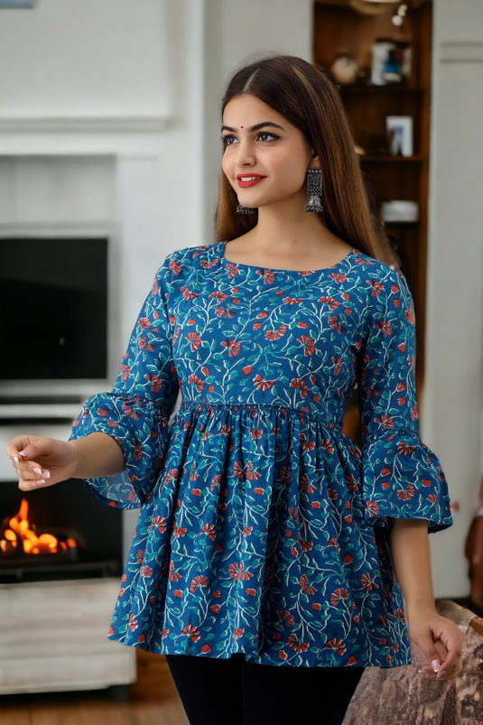 Women's Beautiful Bell Sleeves Floral Print Formal Hip Length SERULEAN BLUE Top