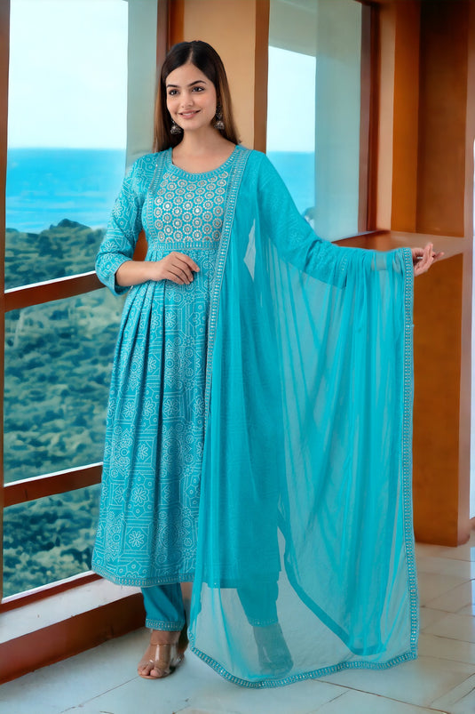 Viscose Rayon (LIVA) Khadi Print Sequence Zari Work ROYSTON TURQUOISE Naira Cut Kurta with Trouser and Nazmin Dupatta for Women