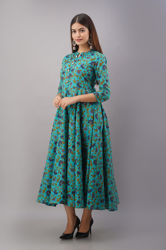 Pure Cotton Printed A-Line Traditional Beautiful DRY CREEK TURQUOISE Kurta for Girls & Women