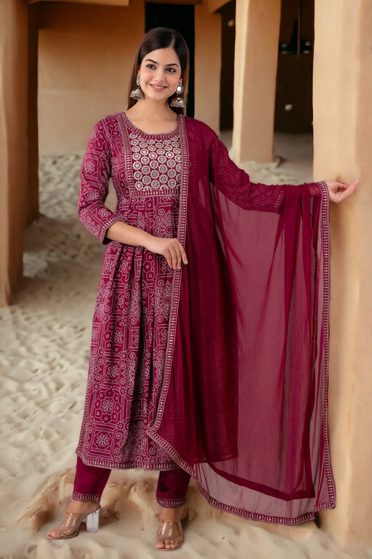 Viscose Rayon (LIVA) Khadi Print Sequence Zari Work JAM WINE Naira Cut Kurta with Trouser and Nazmin Dupatta for Women