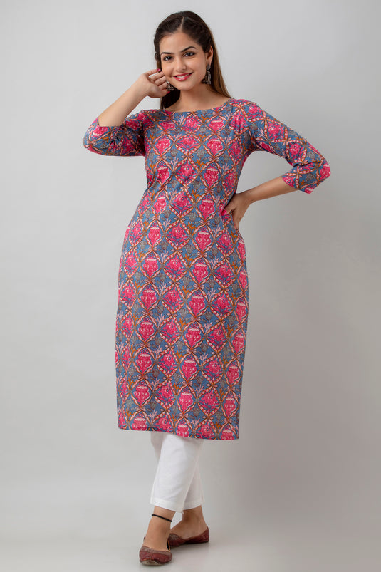 Women's Pure Cotton Calf Length Traditional Floral Printed Staright Kurta