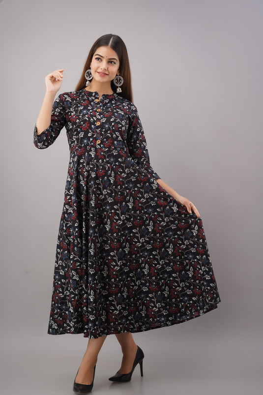 Pure Cotton Printed A-Line Traditional Beautiful NATURE BLACK Kurta for Girls & Women