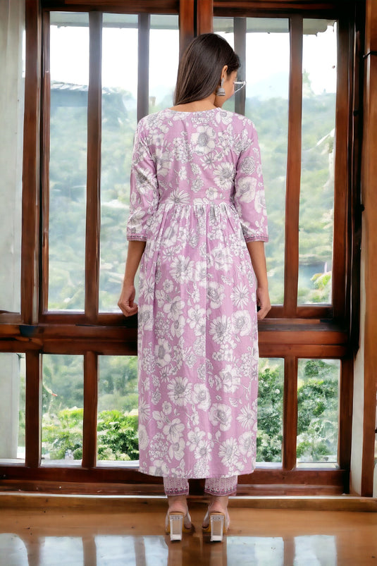 Women's Printed Pure Cotton Traditional Pure Silk Coding Mirror Embroidery Work Aliya Cut Kurta with Trousers & Dupatta