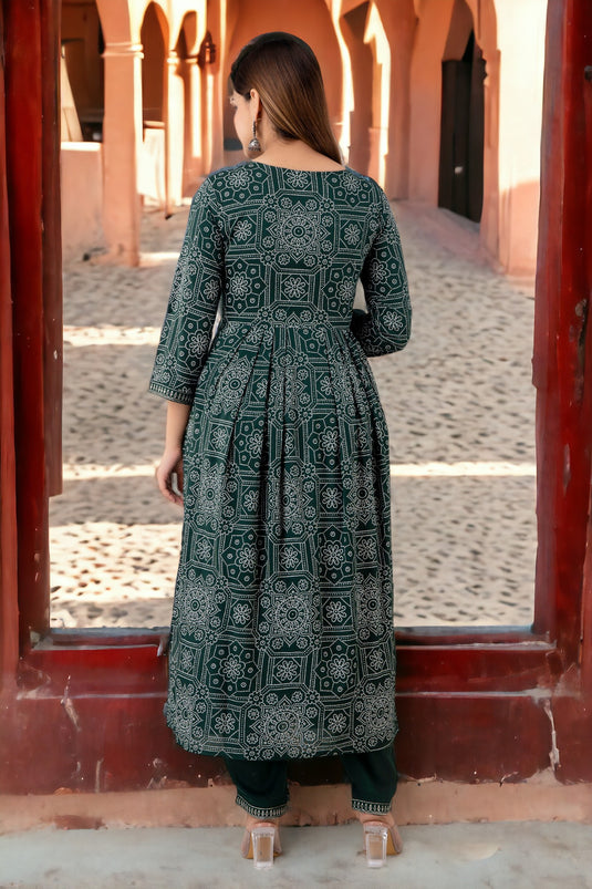 Women's Printed Traditional Pure Silk Coding Mirror Embroidery Work Rayon Fabric Aliya Cut Kurta With Trousers and Dupatta