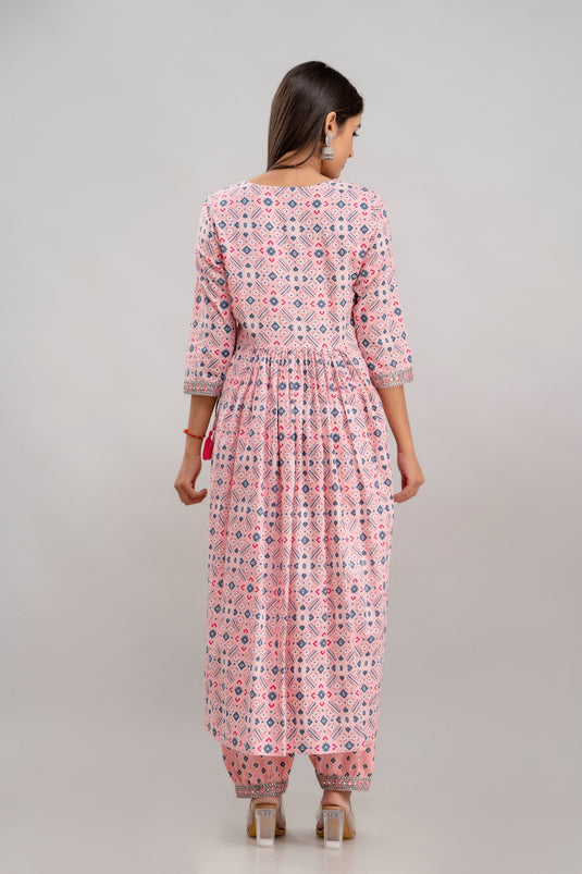 Floral Print Coding Mirror Work Pure Cotton ROSE QUARTZ PINK Side Cut Flared Kurta with Afghani Pant & Dupatta