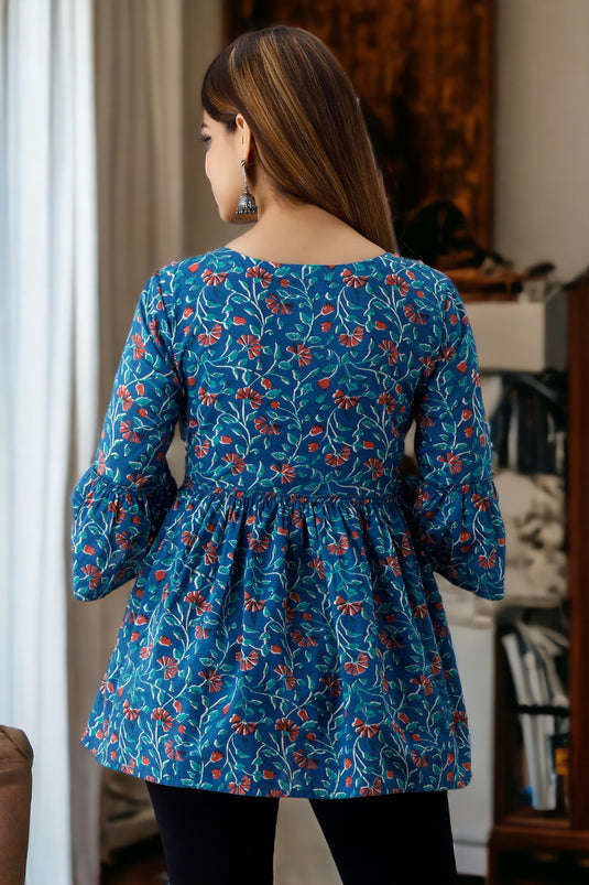 Women's Beautiful Bell Sleeves Floral Print Formal Hip Length SERULEAN BLUE Top