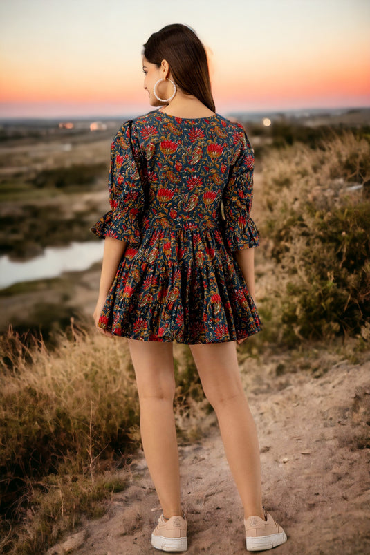 Women's Floral Print Pure Cotton DENIM BLUE & BLOOD RED Tiered A-line Mini Dress