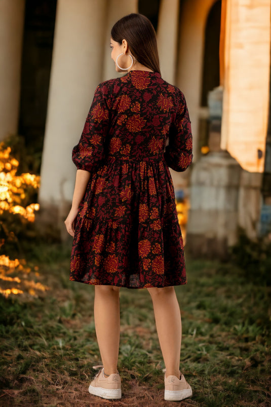 Women's Floral Print Pure Cotton Tiered Fit and Flare JAM & GARNET MAROON Pretty Mini Knee Length Dress