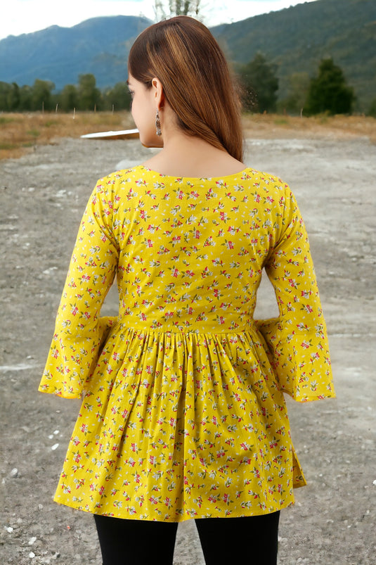 Women's Pretty Bell Sleeves Floral Print Formal Hip Length LEMON YELLOW Top