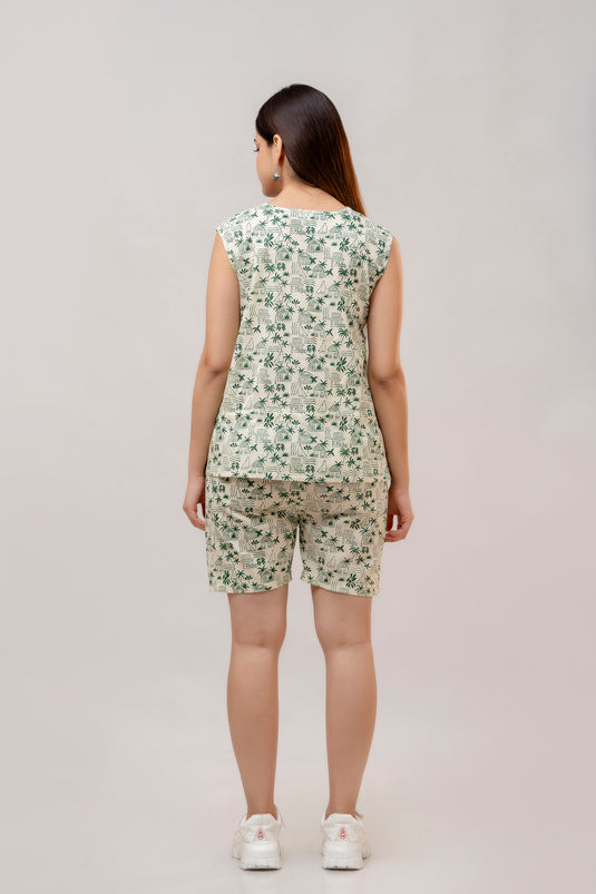 Women's Pure Cotton BASIL & PINE GREEN Printed Travel Wear Sleeveless Top with Shorts Co-ords