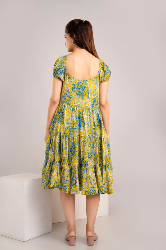 Women's Printed Pure Cotton Tiered Fit and Flared Cold Shoulder LIME GREEN & LAPIS BLUE Knee Length Dress