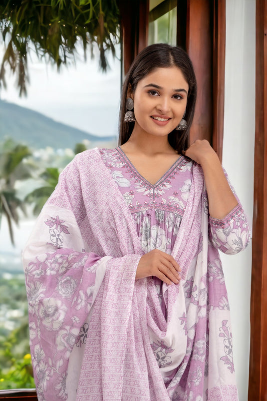 Women's Printed Pure Cotton Traditional Pure Silk Coding Mirror Embroidery Work Aliya Cut Kurta with Trousers & Dupatta