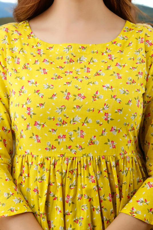 Women's Pretty Bell Sleeves Floral Print Formal Hip Length LEMON YELLOW Top