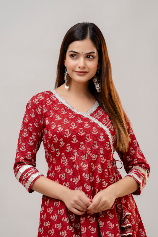 Women's Pure Cotton Party Wear Stylish BERRY RED Floral Print Sharara Set with Gota Patti Work