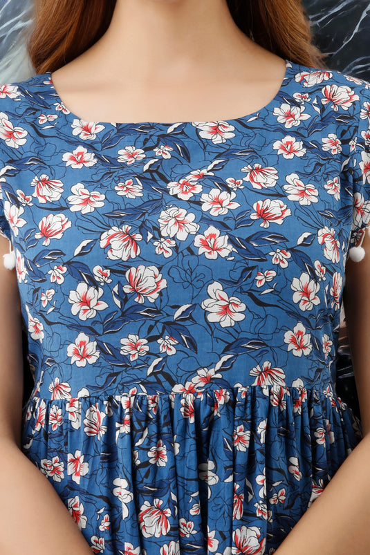 Women's Pretty Sleeveless Floral Print Party Wear LOWE'S BLUE Top