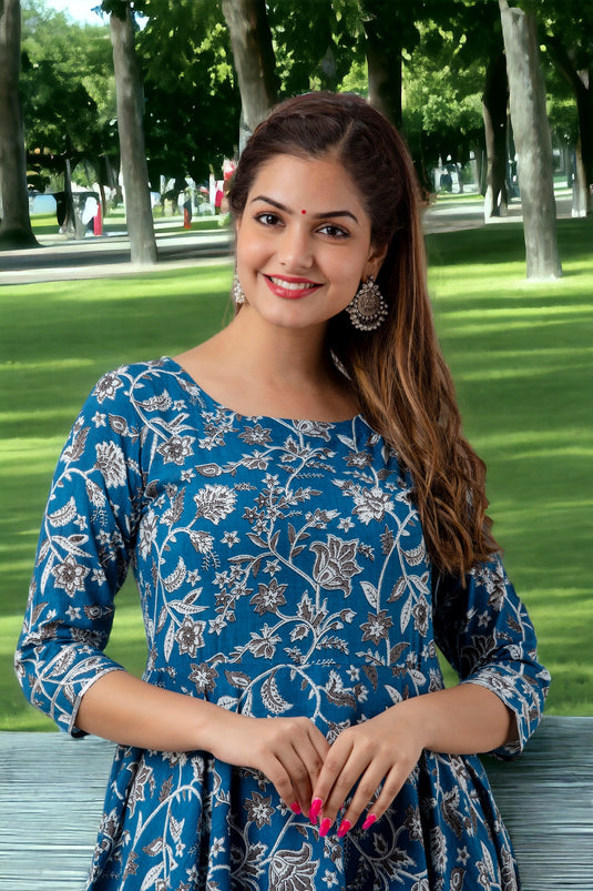 Pure Cotton Floral Print Flared Traditional DODGER BLUE Pretty Lace Work Kurta for Girls & Women