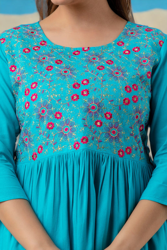 Women's Viscose Rayon (LIVA) Silk Embroidered Designer ROYSTON TURQUOISE Fancy Pretty Top