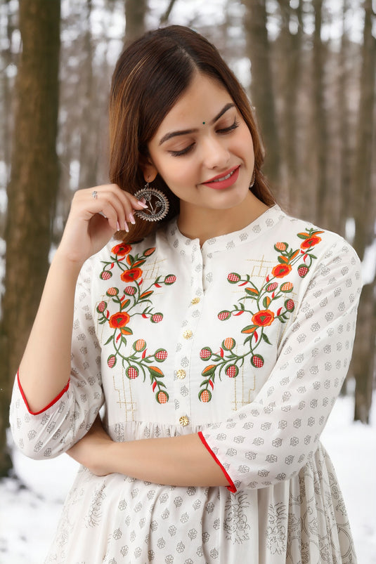 Women's Silk Embroidered Pure Cotton Geometric Print Traditional Party Wear DAISY WHITE Anarkali Kurta