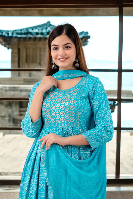 Viscose Rayon (LIVA) Khadi Print Sequence Zari Work ROYSTON TURQUOISE Naira Cut Kurta with Trouser and Nazmin Dupatta for Women