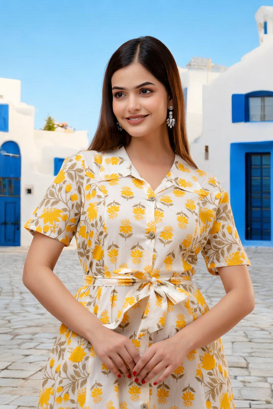 Women's Pure Cotton Floral Print Collar Neck Party Wear Beautiful DAFFODIL YELLOW  Princess Cut Kurta