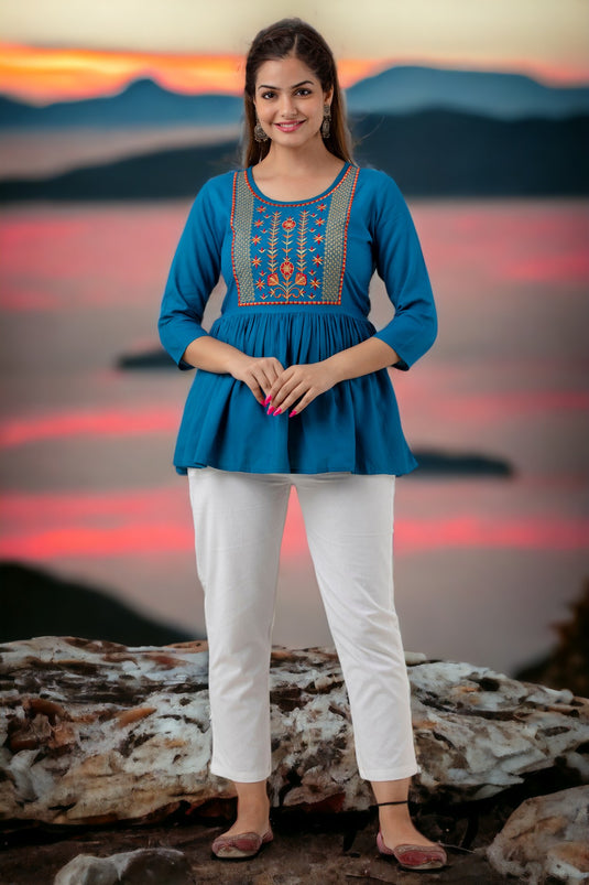 Women's Viscose Rayon (LIVA) Silk Embroidered Designer YALE BLUE Top